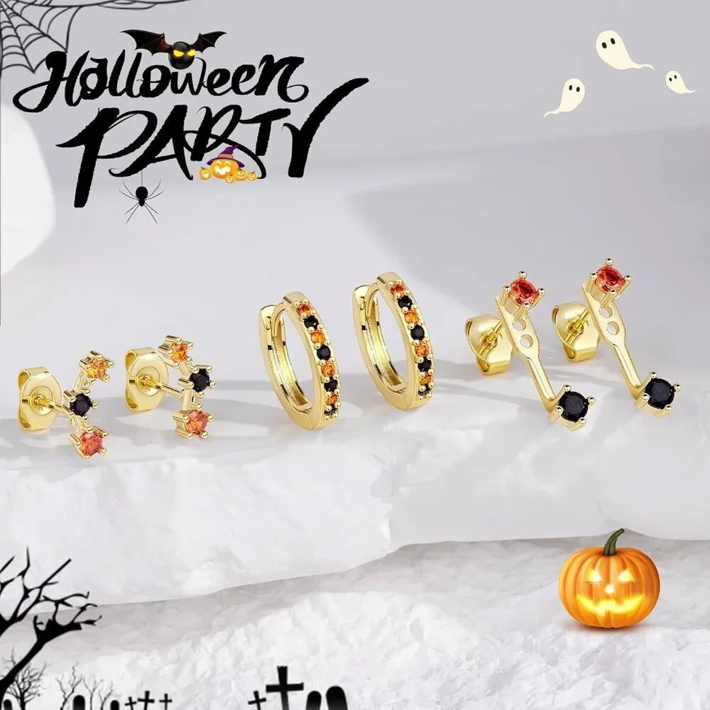 Gold Plated Stud Huggie Earrings Stack for Women Trendy, 3 Pairs Small Cute Hoop